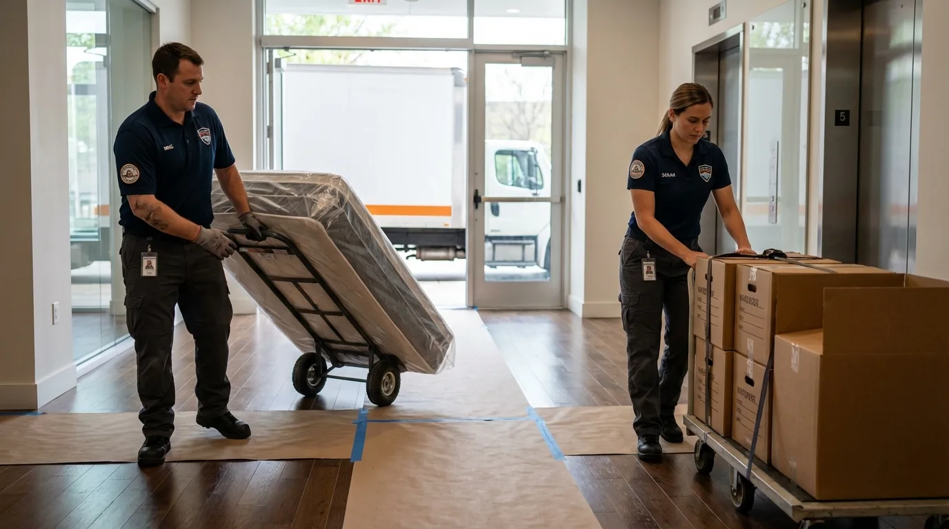 Professional apartment movers loading elevator in Calhoun, KY